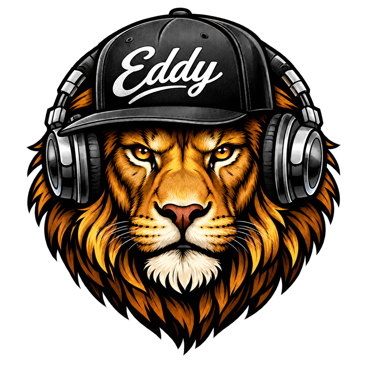 Logo di Edoardo Rossi, in arte Eddy: leone con cuffie e cappellino